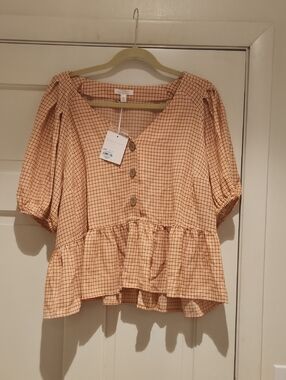 NWT Lauren Conrad Peach Check Peplum Button Top Size XL